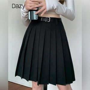 Women's Black Pleated A-Line Skirt with Belt
